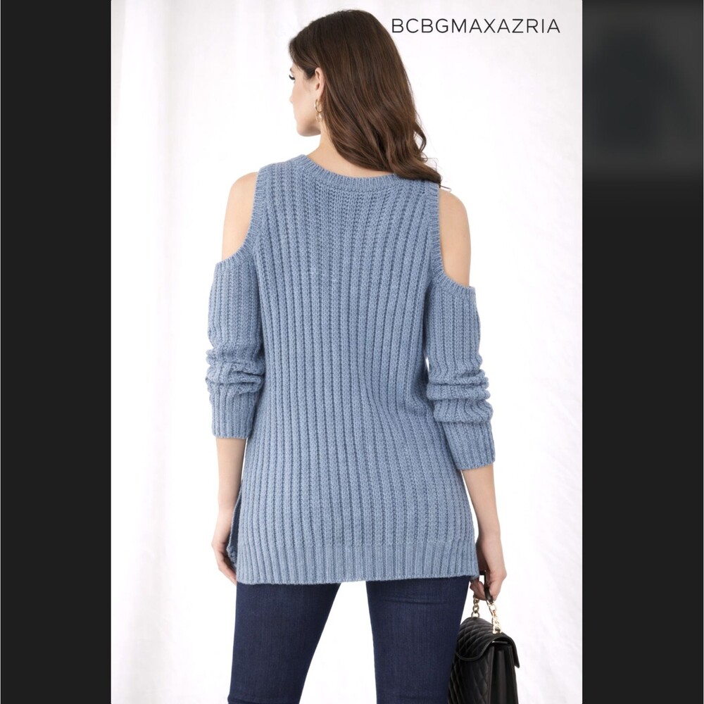 BCBGMAXAZRIA Blue Cold Shoulder Sweater Women Medium Chunky Knit Italy Textured - Picture 7 of 13